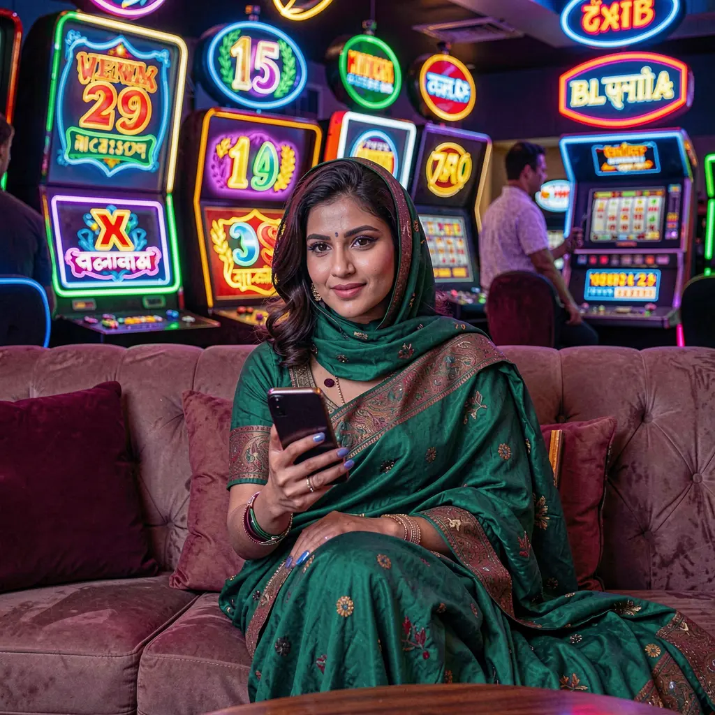 A stylish Bangladeshi woman relaxing on a sofa while using the QQ777 casino app surrounded by glowing neon casino symbols and a modern mobile gaming atmosphere