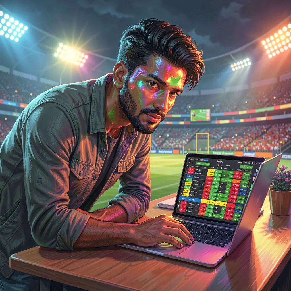 Focused Bangladeshi sports bettor using a laptop with QQ777 betting odds displayed while analyzing live cricket data in a modern digital setting