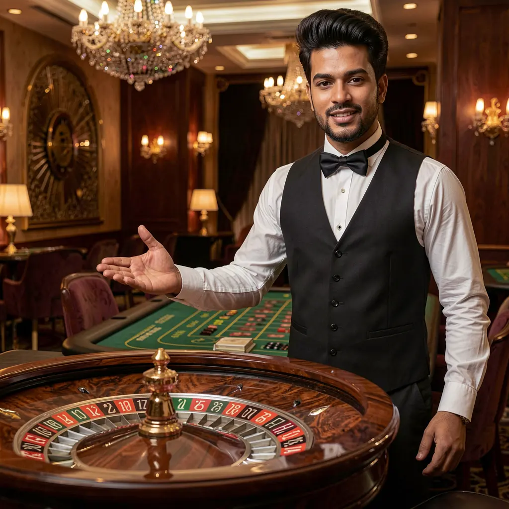Professional casino dealer in a black vest and bow tie welcoming players to a premium roulette table at QQ777 online casino in Bangladesh