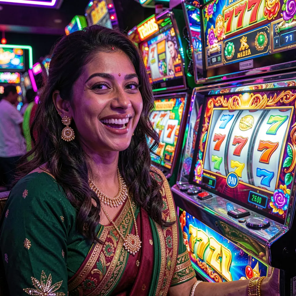 Smiling woman enjoying vibrant slot machines with glowing 777 symbols in a neon casino atmosphere at QQ777 representing online slot excitement for players in Bangladesh
